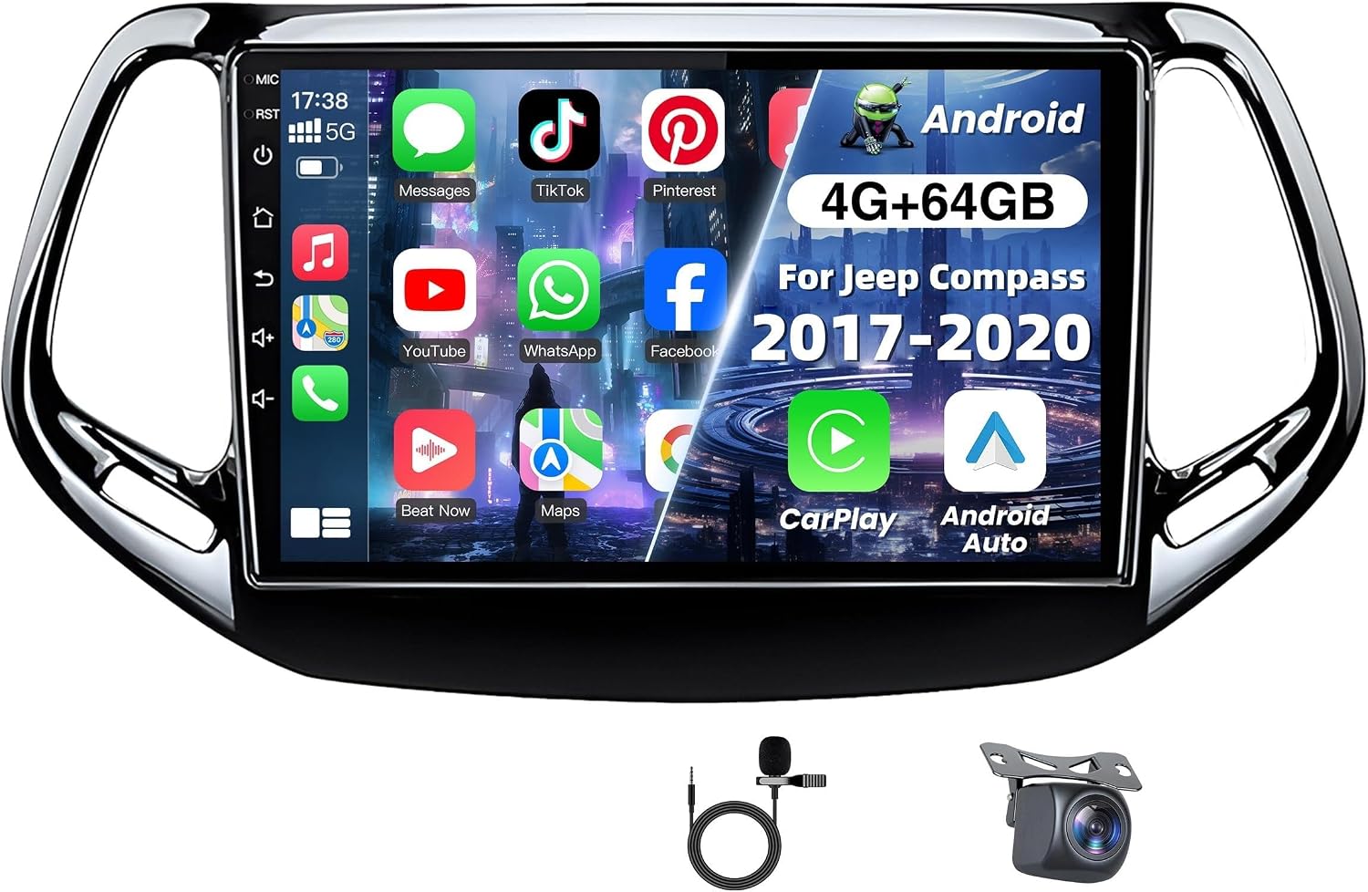 Jerqry 10-inch Compass radio with CarPlay, mic, and backup camera